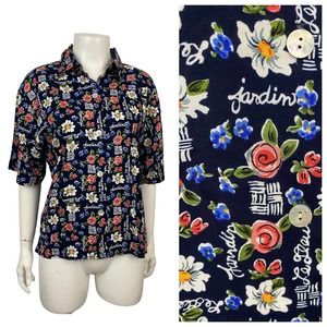 Novelty Flower Garden Print Button Up Collared Blouse / Women’s Small